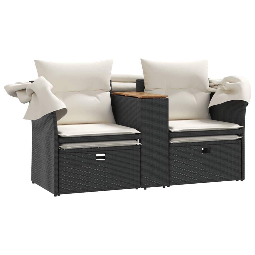 Gartensofa 2-Sitzer mit Dach und Hockern Schwarz Poly Rattan