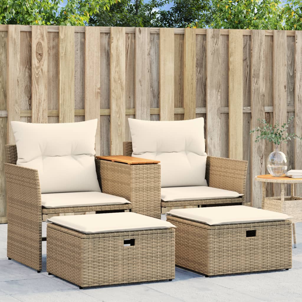 Canapé de jardin 2 places avec tabourets en poly rotin beige