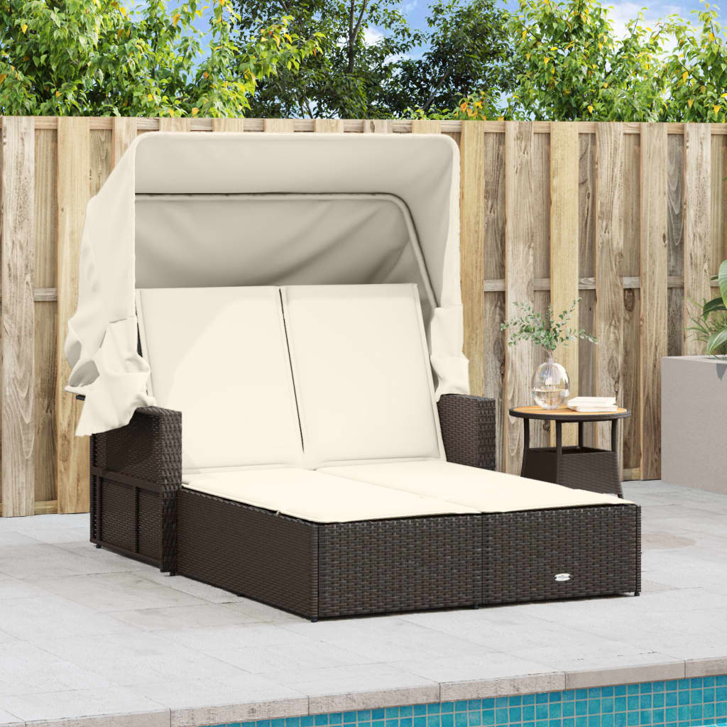 Bain de soleil double avec toit et coussins en polyrotin marron