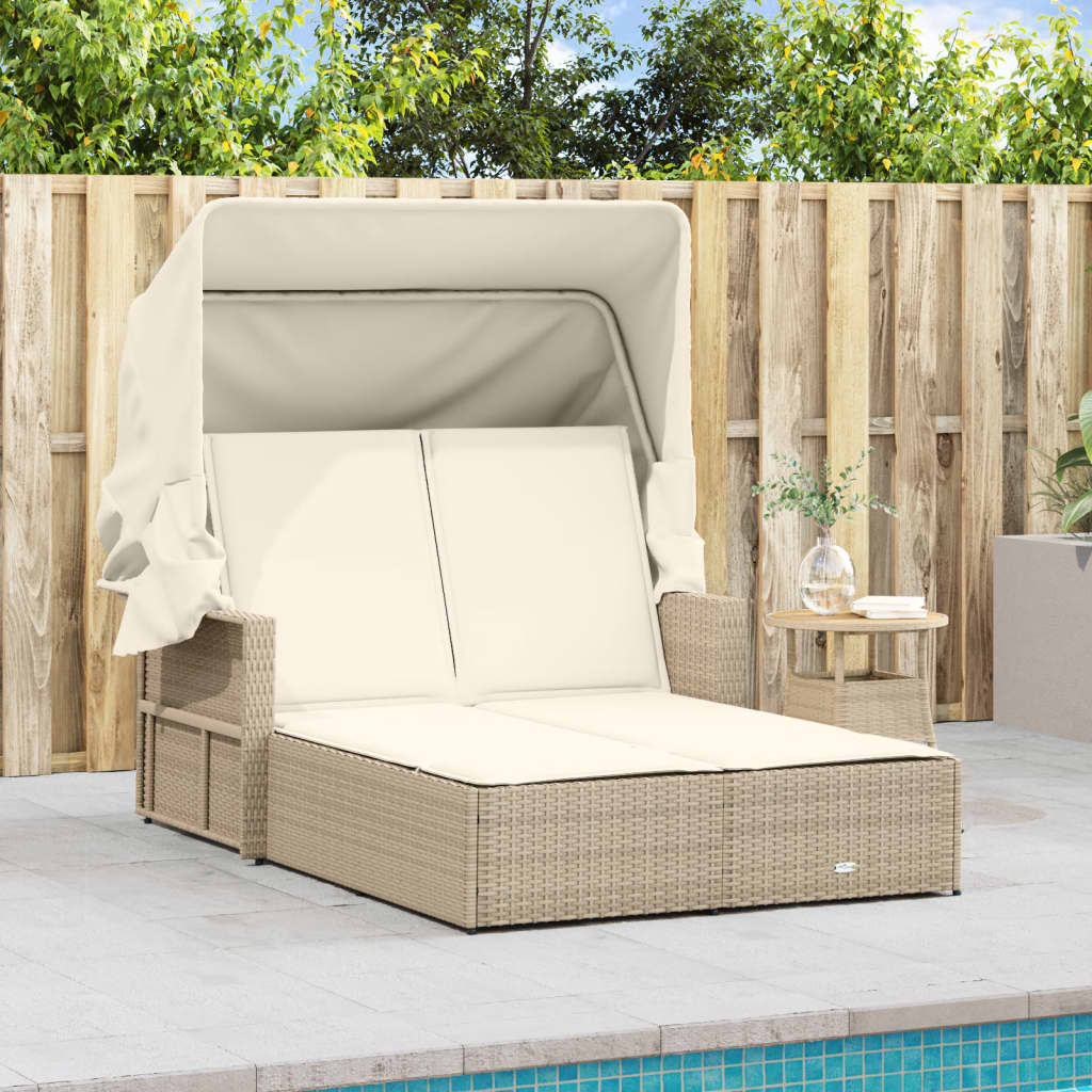 Bain de soleil double avec toit et coussins en polyrotin beige