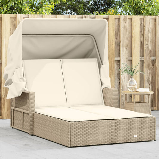 Bain de soleil double avec toit et coussins en polyrotin beige