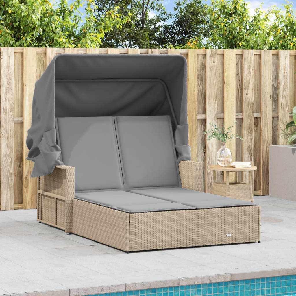 Bain de soleil double avec toit et coussins en polyrotin beige