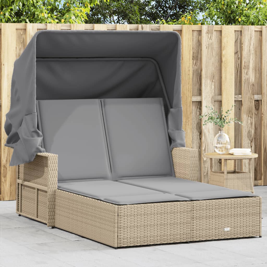 Bain de soleil double avec toit et coussins en polyrotin beige