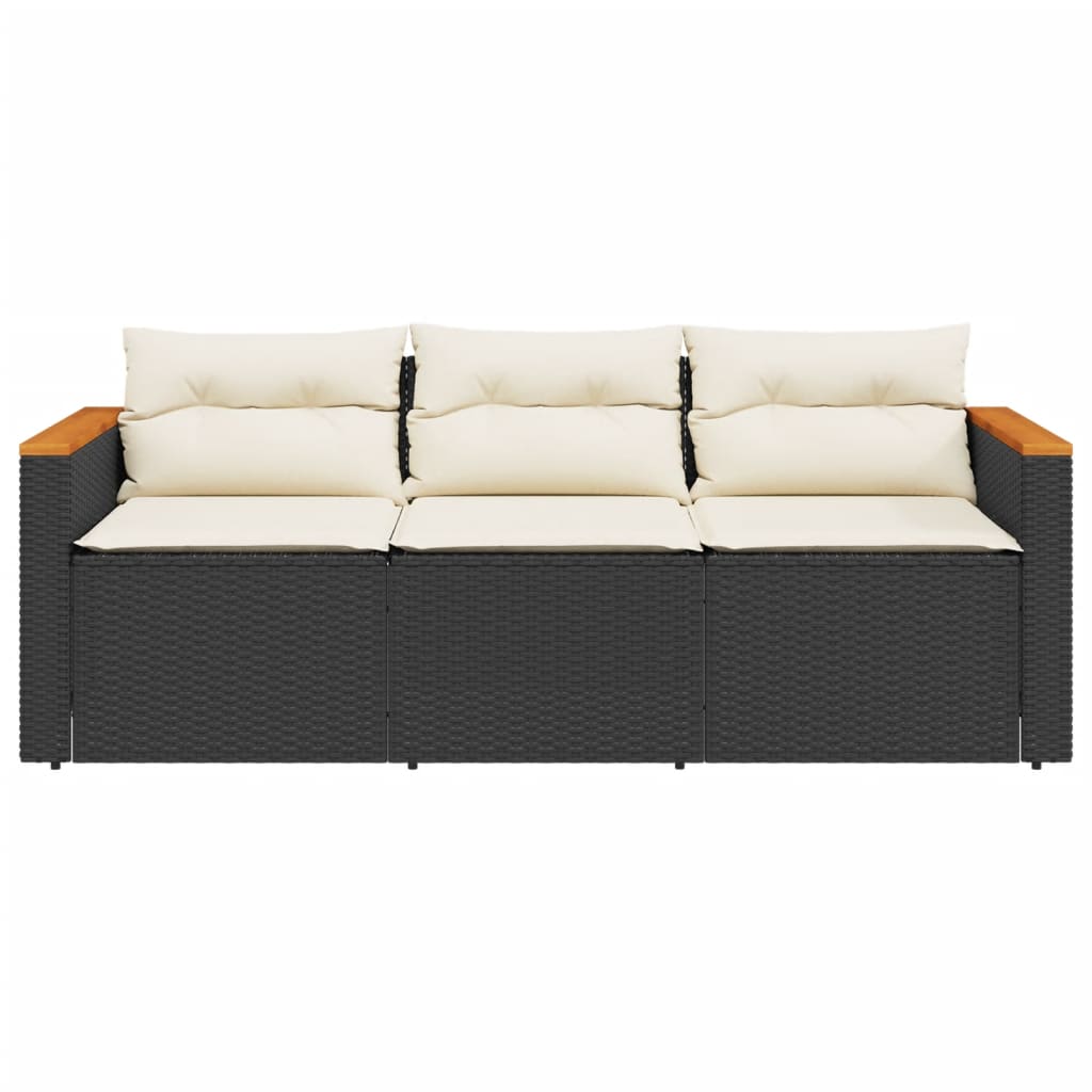 Gartensofa mit Kissen 3-Sitzer Schwarz Poly Rattan