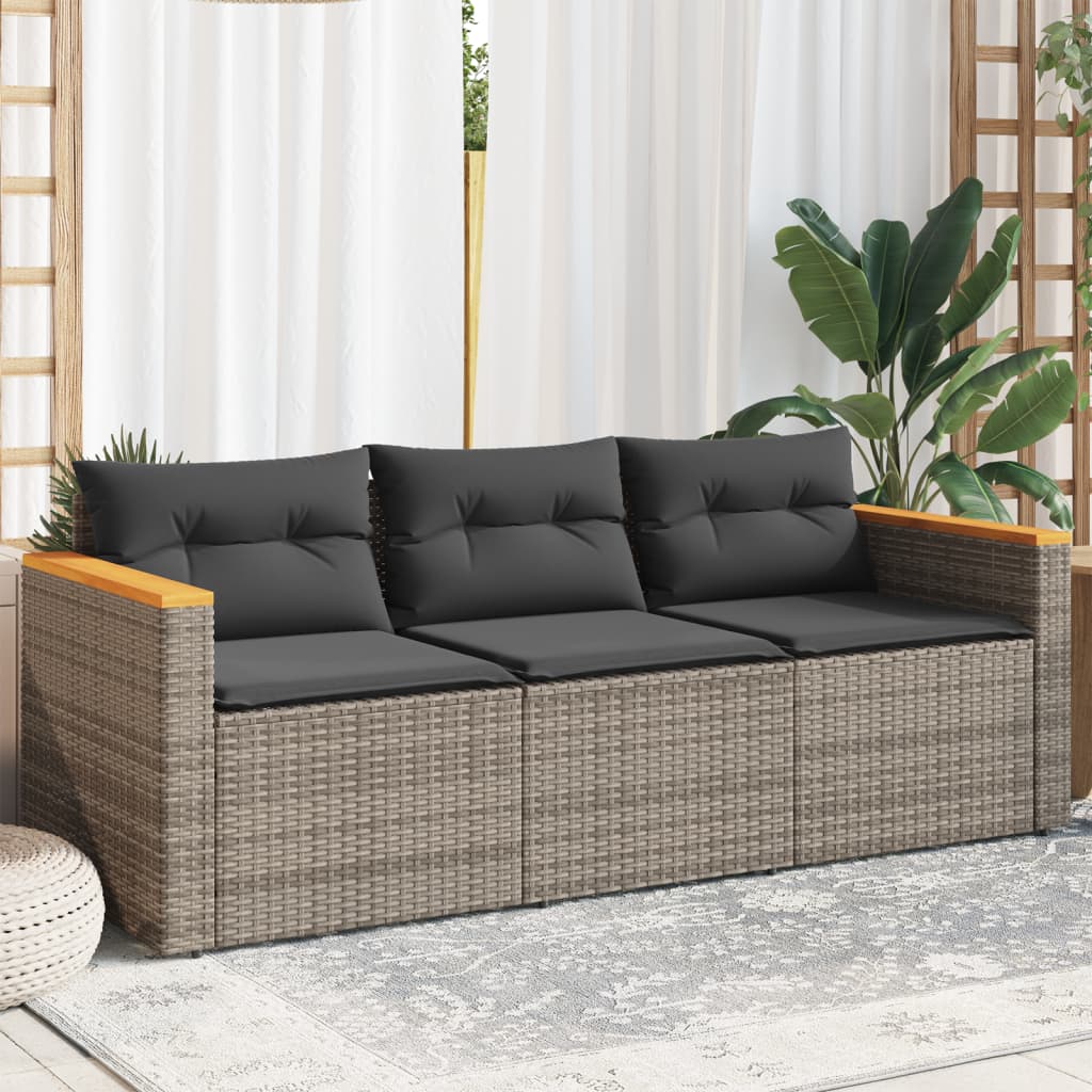 Gartensofa mit Kissen 3-Sitzer Grau Poly Rattan