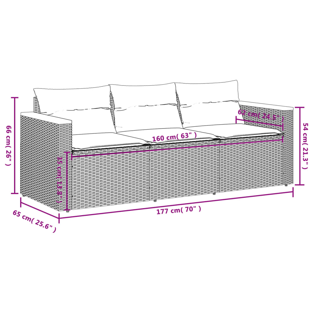 Canapé de jardin avec coussins 3 places en polyrotin beige