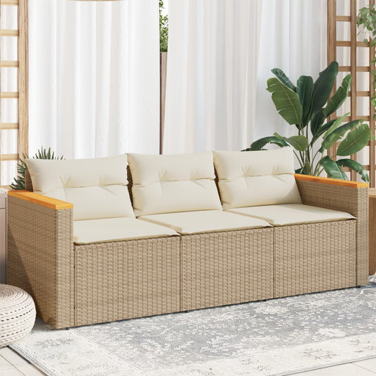 Gartensofa mit Kissen 3-Sitzer Beige Poly Rattan