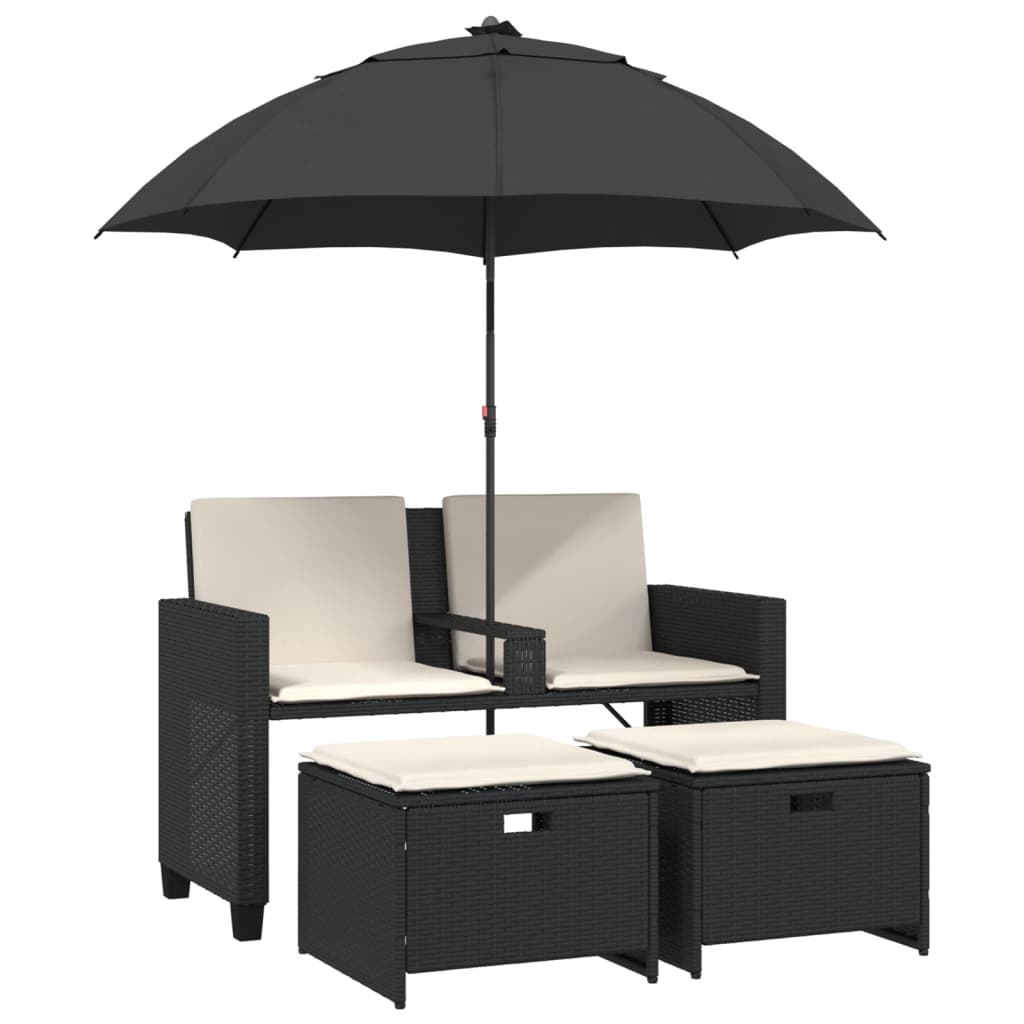 Canapé de jardin 2 places parasol et tabouret poly rotin noir