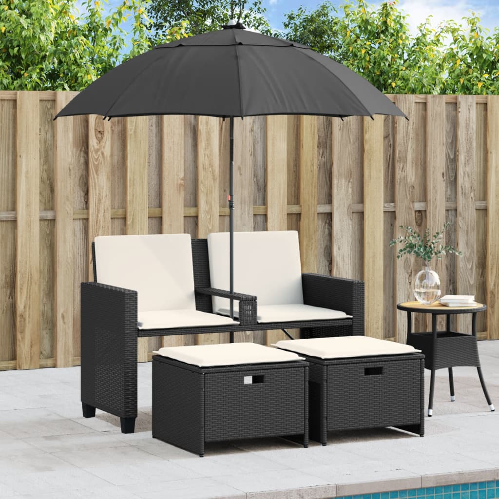 Canapé de jardin 2 places parasol et tabouret poly rotin noir