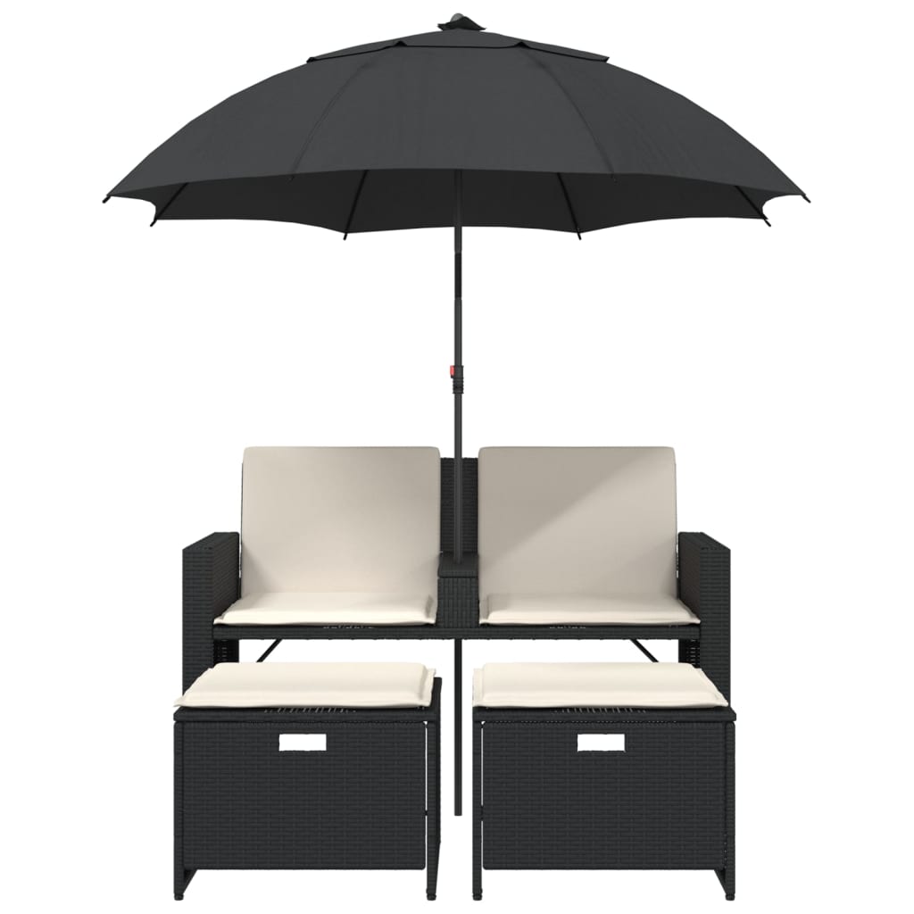 Canapé de jardin 2 places parasol et tabouret poly rotin noir