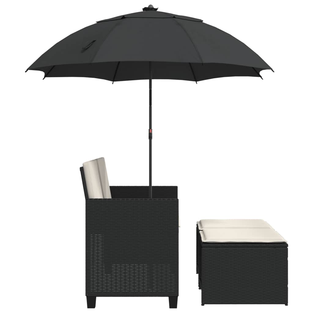 Canapé de jardin 2 places parasol et tabouret poly rotin noir