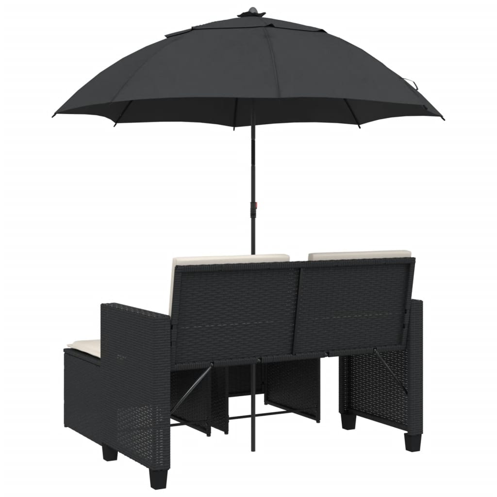 Canapé de jardin 2 places parasol et tabouret poly rotin noir