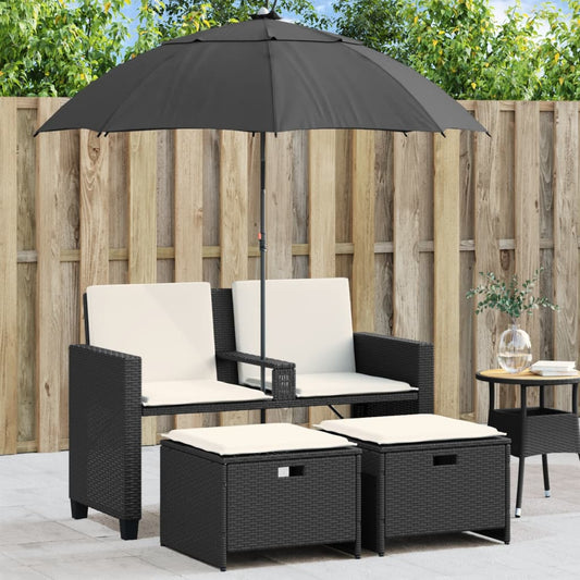 Canapé de jardin 2 places parasol et tabouret poly rotin noir