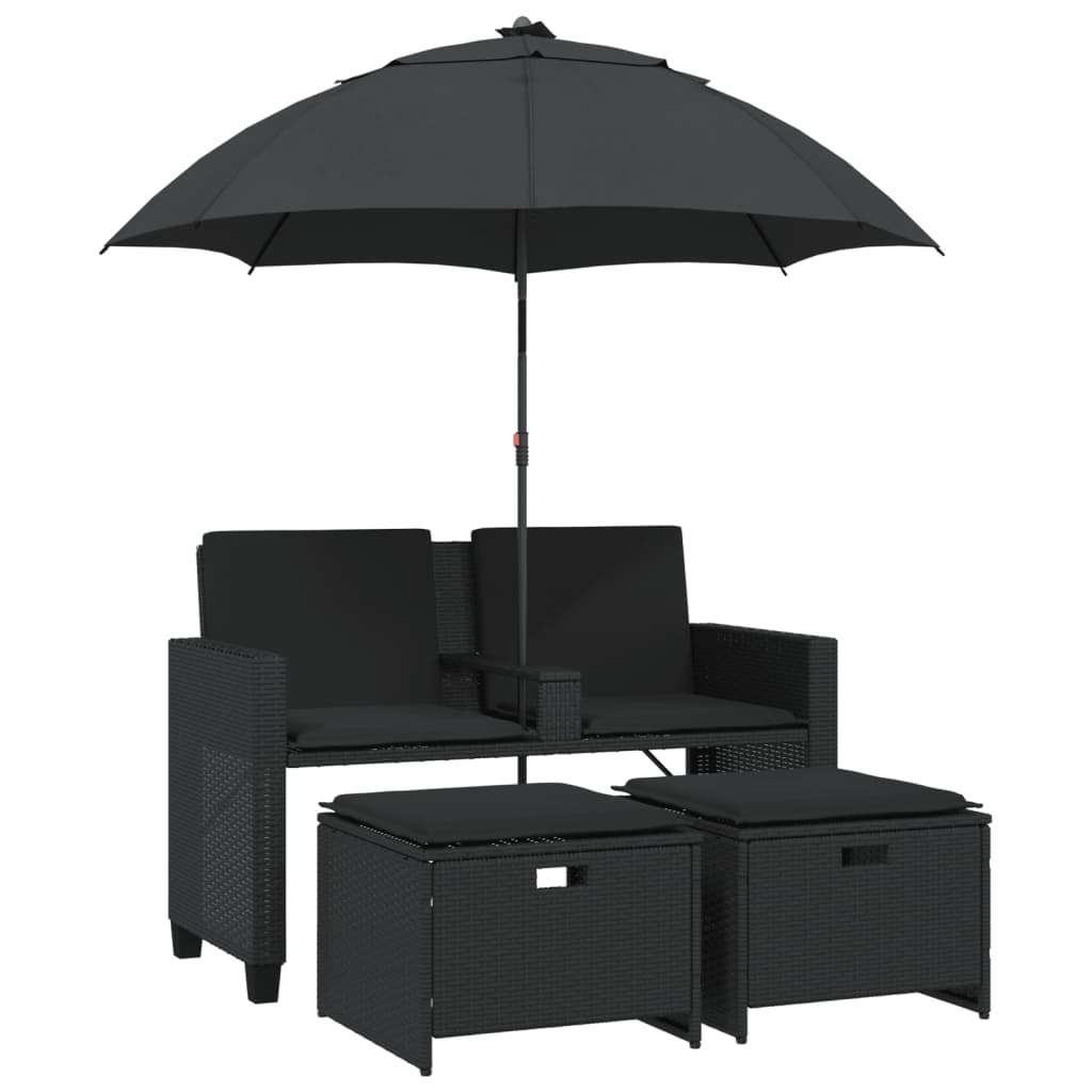 Canapé de jardin 2 places parasol et tabouret poly rotin noir