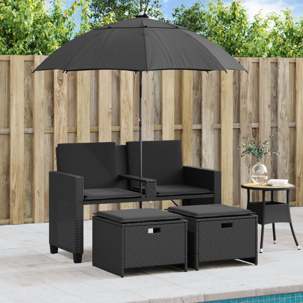 Gartensofa 2-Sitzer Sonnenschirm und Hocker Schwarz Poly-Rattan