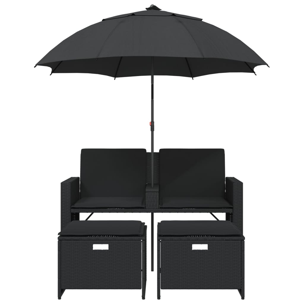 Canapé de jardin 2 places parasol et tabouret poly rotin noir