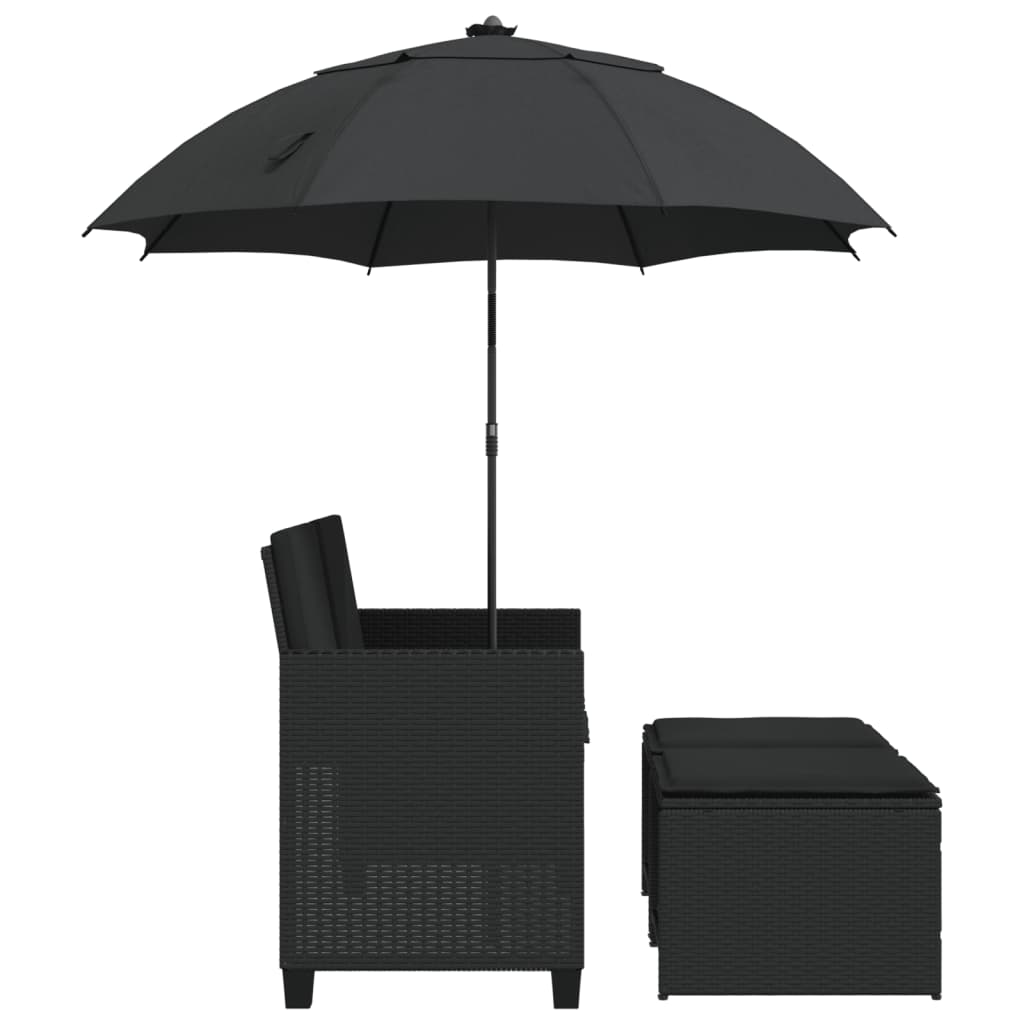 Canapé de jardin 2 places parasol et tabouret poly rotin noir