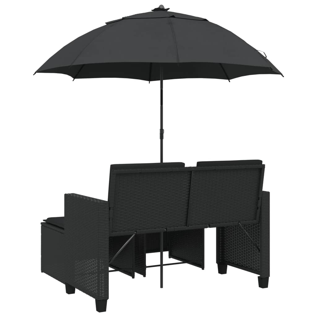 Canapé de jardin 2 places parasol et tabouret poly rotin noir