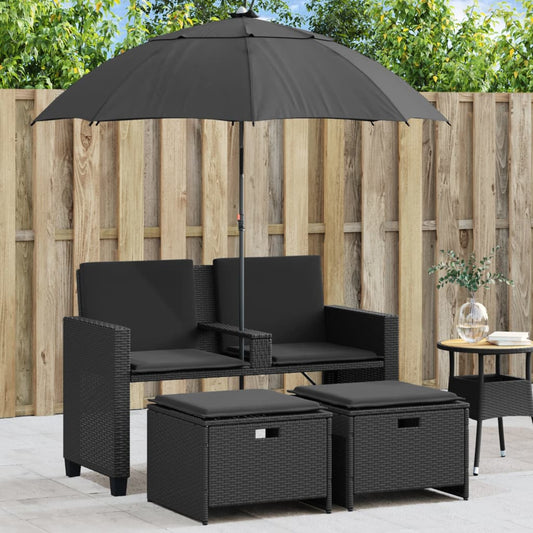 Canapé de jardin 2 places parasol et tabouret poly rotin noir