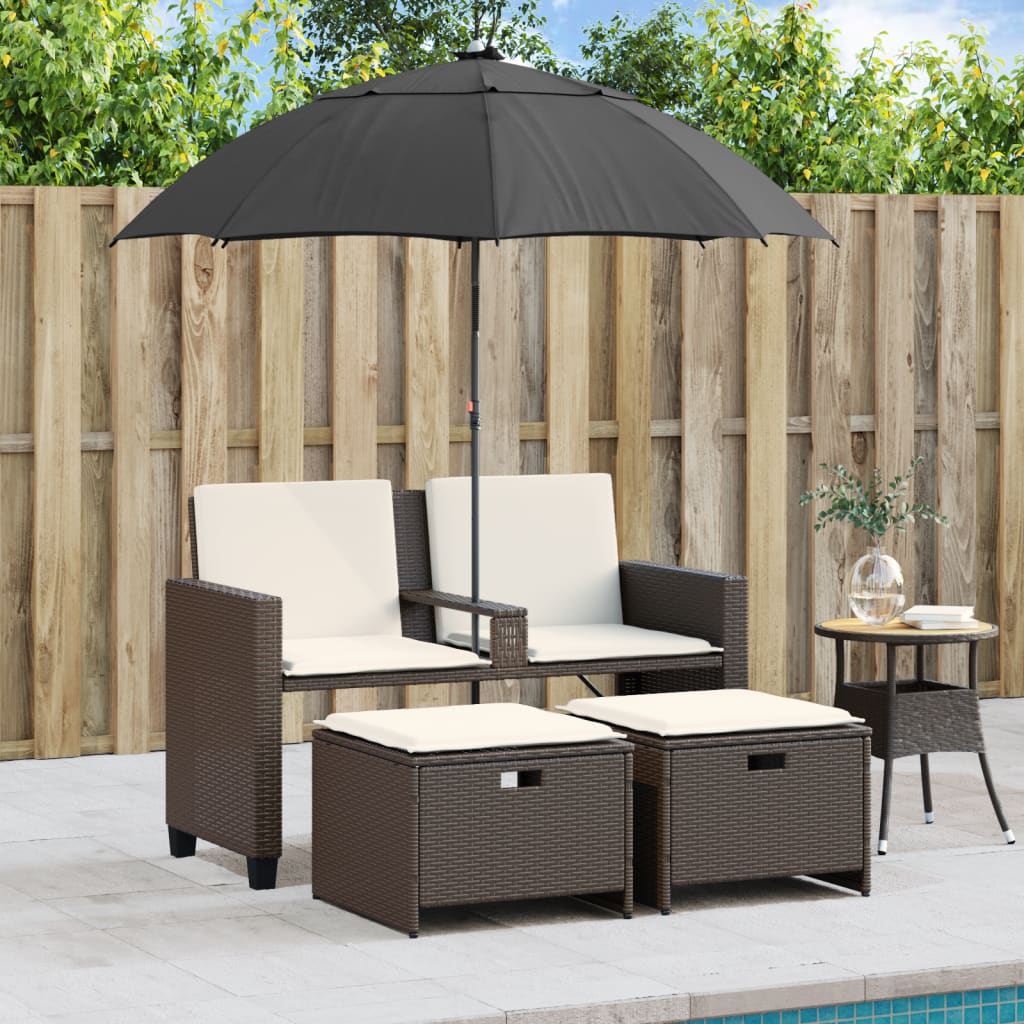 Canapé de jardin 2 places parasol et tabouret en poly rotin marron