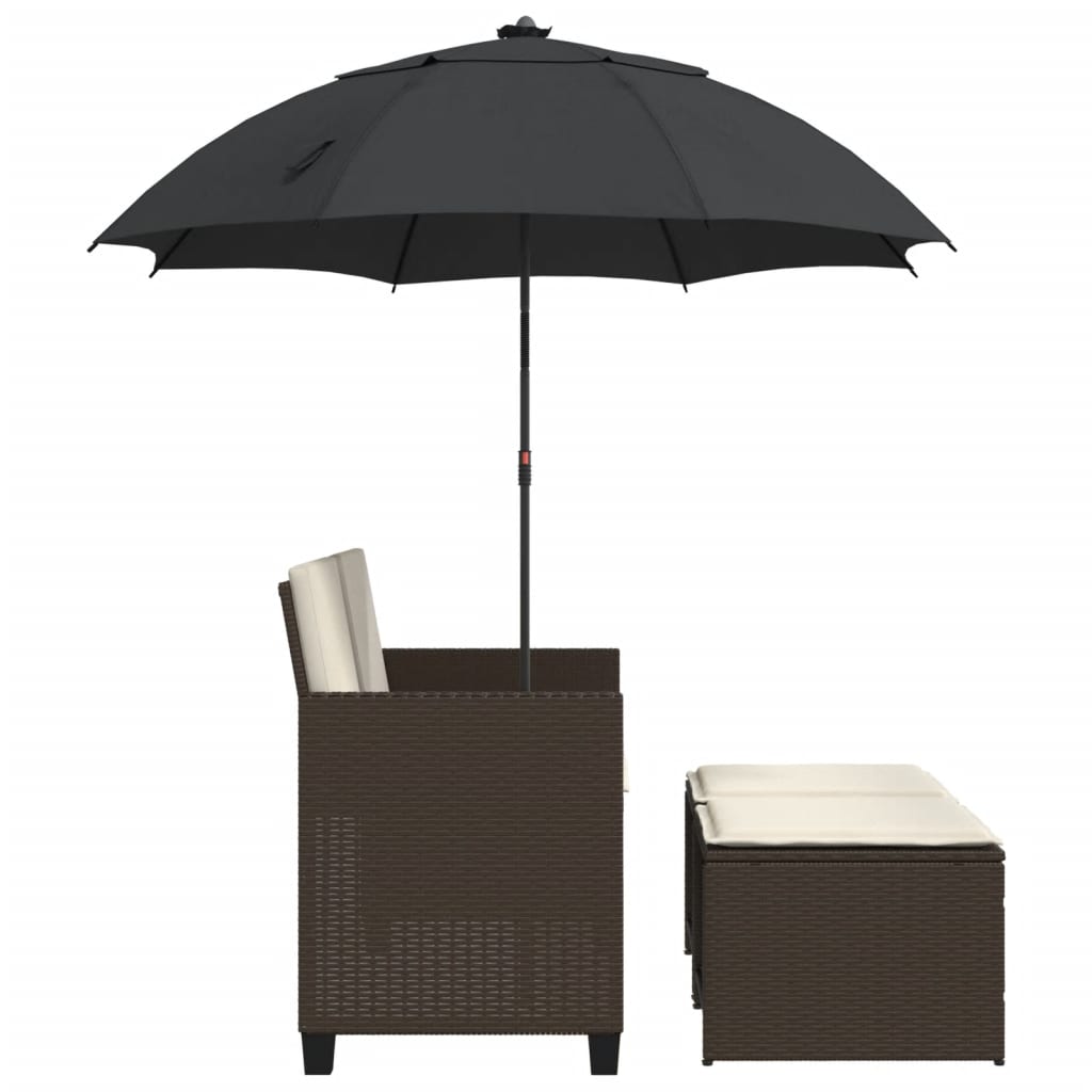 Canapé de jardin 2 places parasol et tabouret en poly rotin marron