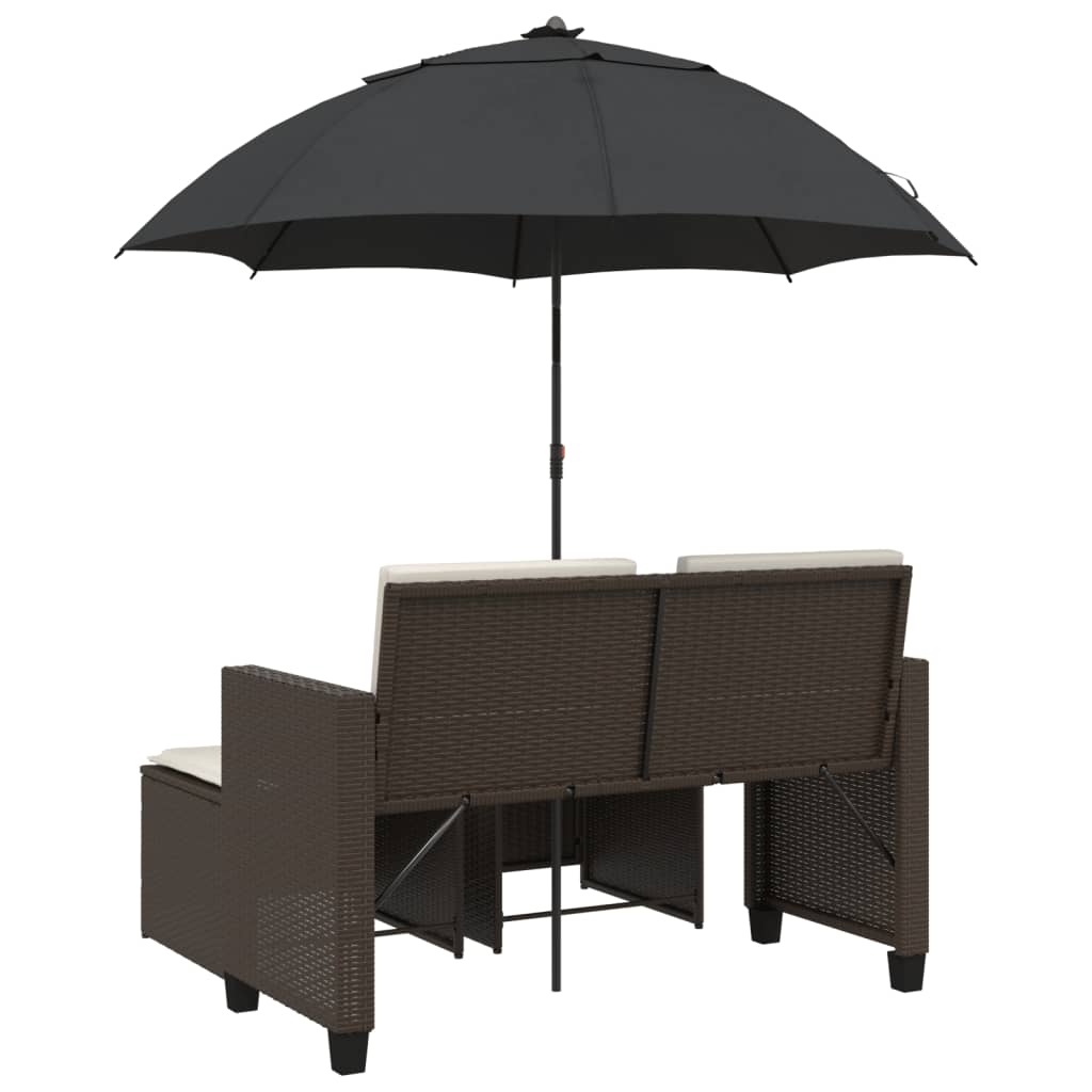 Canapé de jardin 2 places parasol et tabouret en poly rotin marron