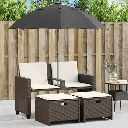 Canapé de jardin 2 places parasol et tabouret en poly rotin marron