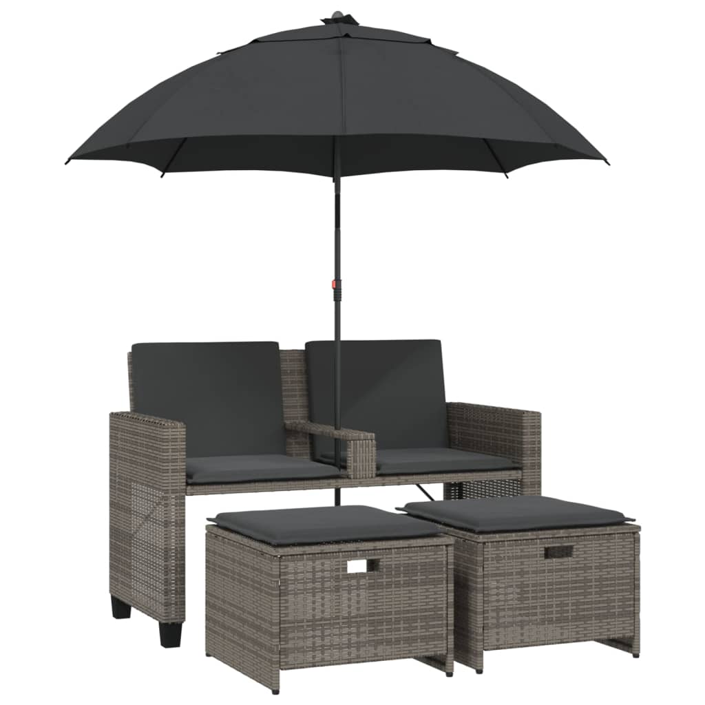 Canapé de jardin 2 places parasol et tabouret poly rotin gris