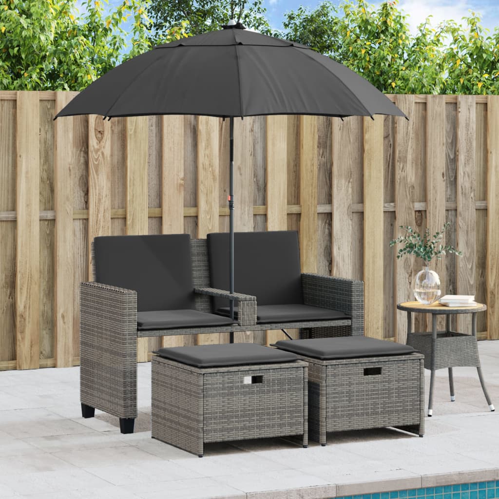 Canapé de jardin 2 places parasol et tabouret poly rotin gris