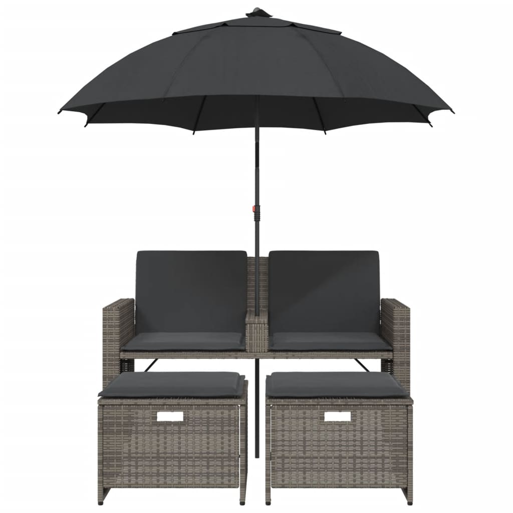 Canapé de jardin 2 places parasol et tabouret poly rotin gris