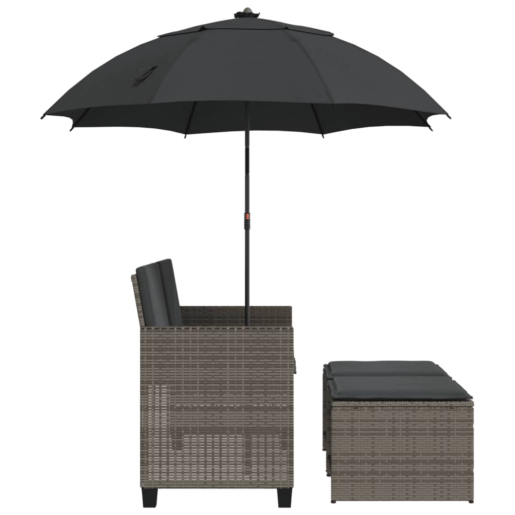 Canapé de jardin 2 places parasol et tabouret poly rotin gris