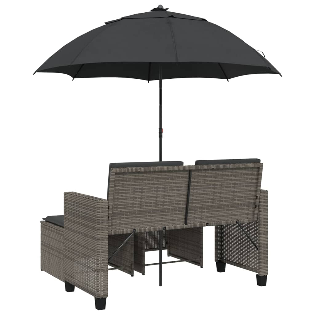 Canapé de jardin 2 places parasol et tabouret poly rotin gris