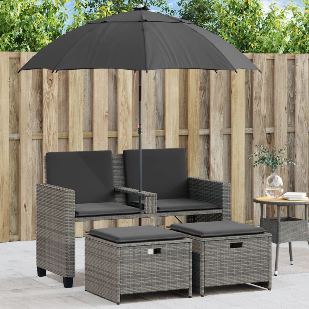 Canapé de jardin 2 places parasol et tabouret poly rotin gris