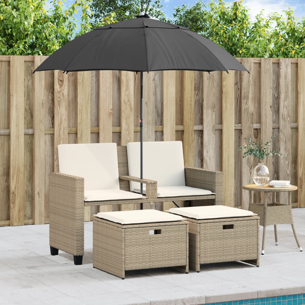 Canapé de jardin 2 places parasol et tabouret poly rotin beige