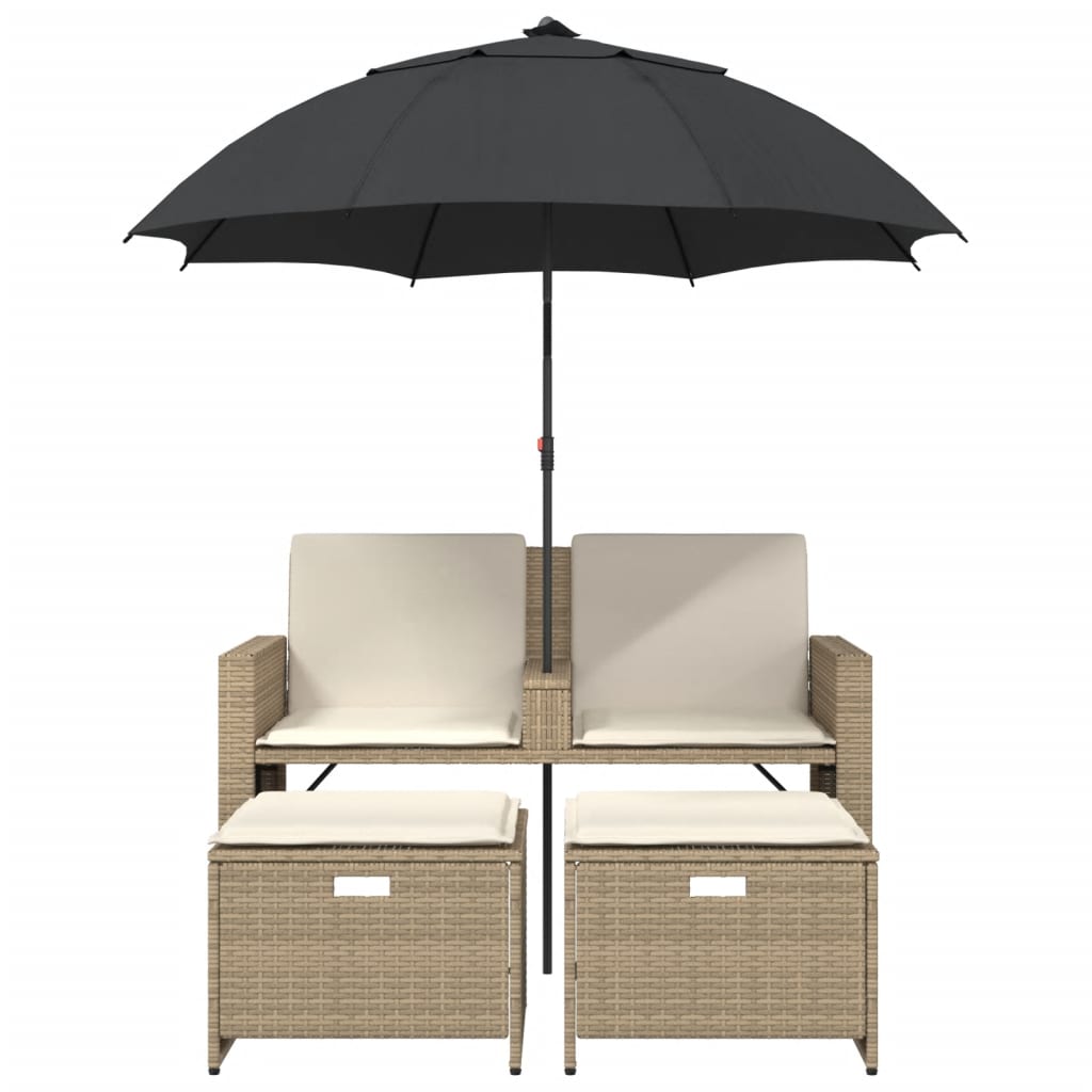 Canapé de jardin 2 places parasol et tabouret poly rotin beige