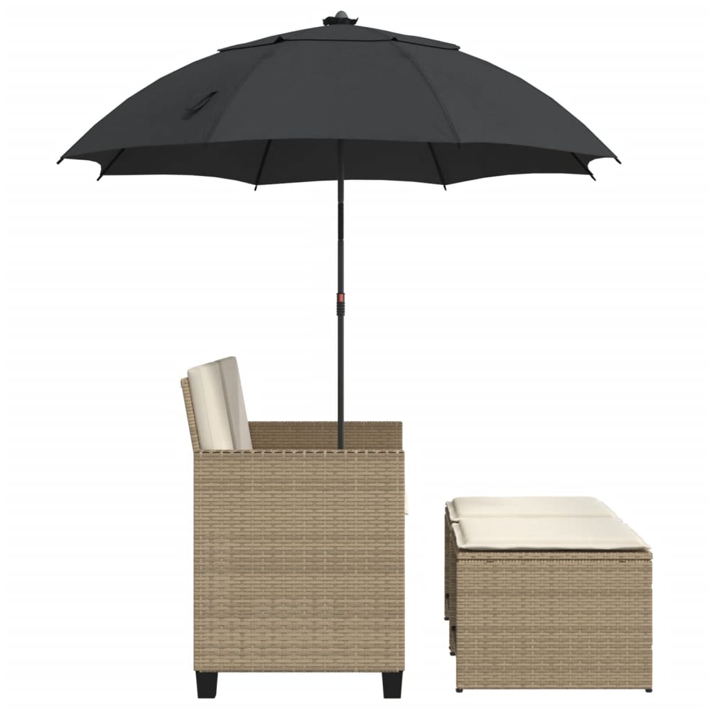 Canapé de jardin 2 places parasol et tabouret poly rotin beige