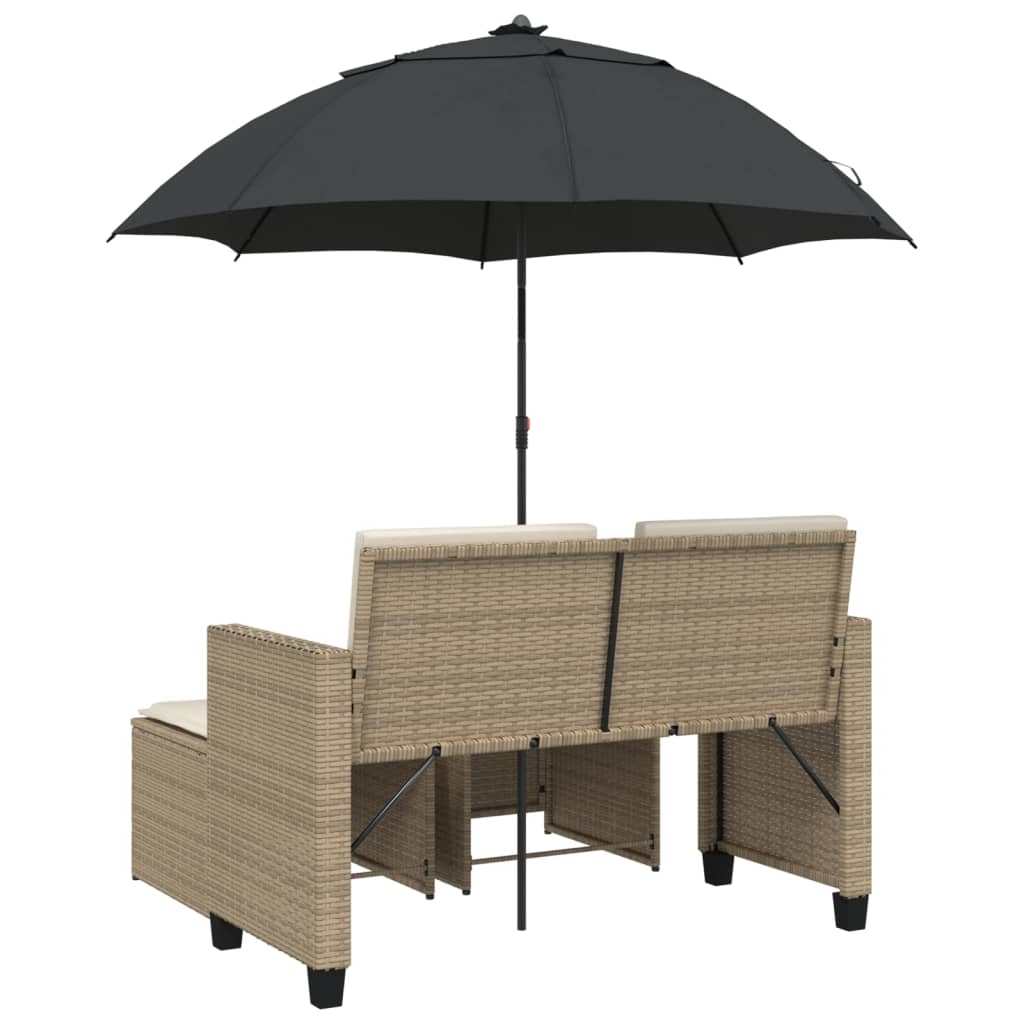 Canapé de jardin 2 places parasol et tabouret poly rotin beige