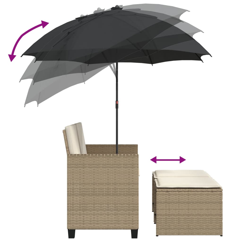 Canapé de jardin 2 places parasol et tabouret poly rotin beige