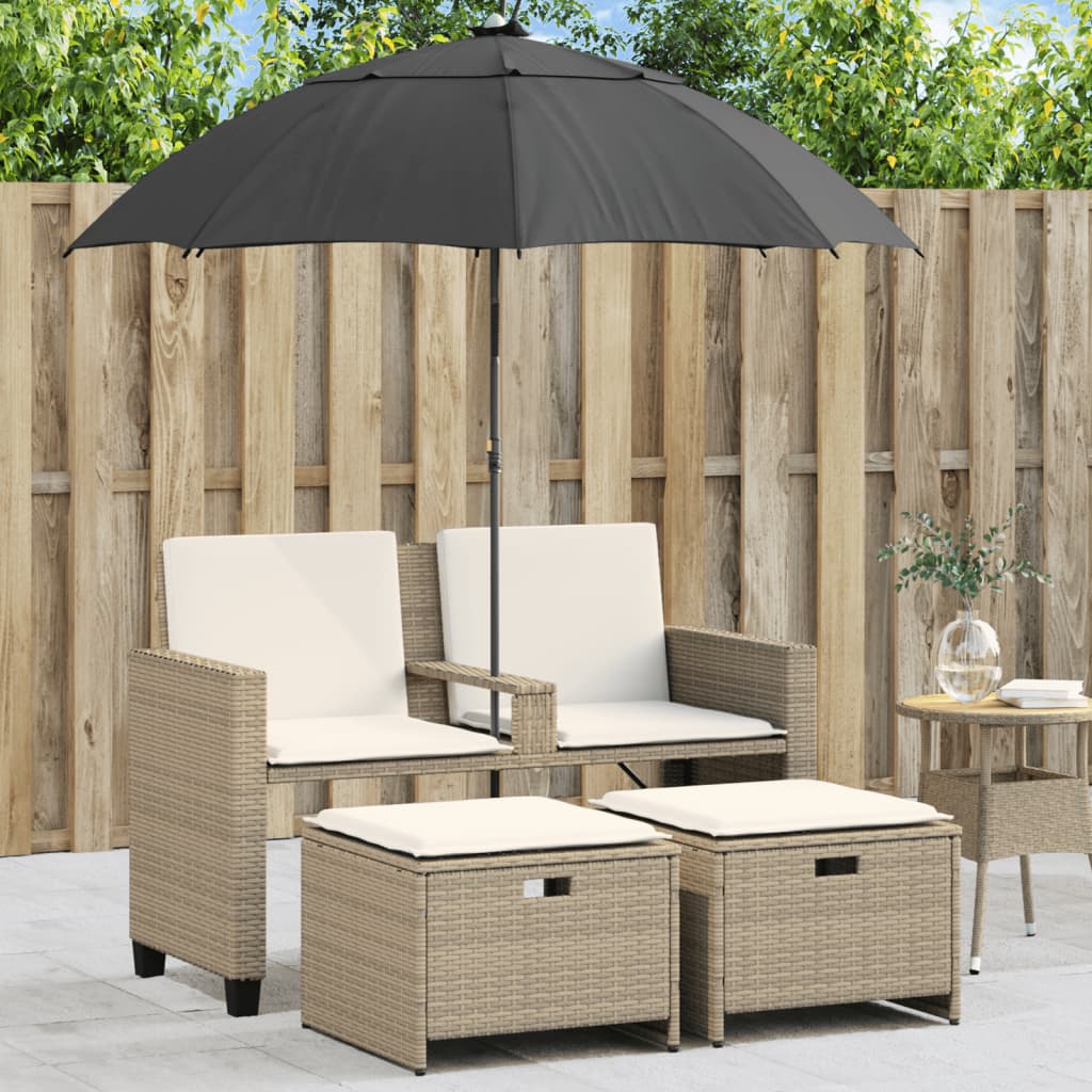 Canapé de jardin 2 places parasol et tabouret poly rotin beige