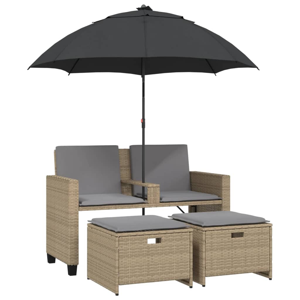 Canapé de jardin 2 places parasol et tabouret poly rotin beige