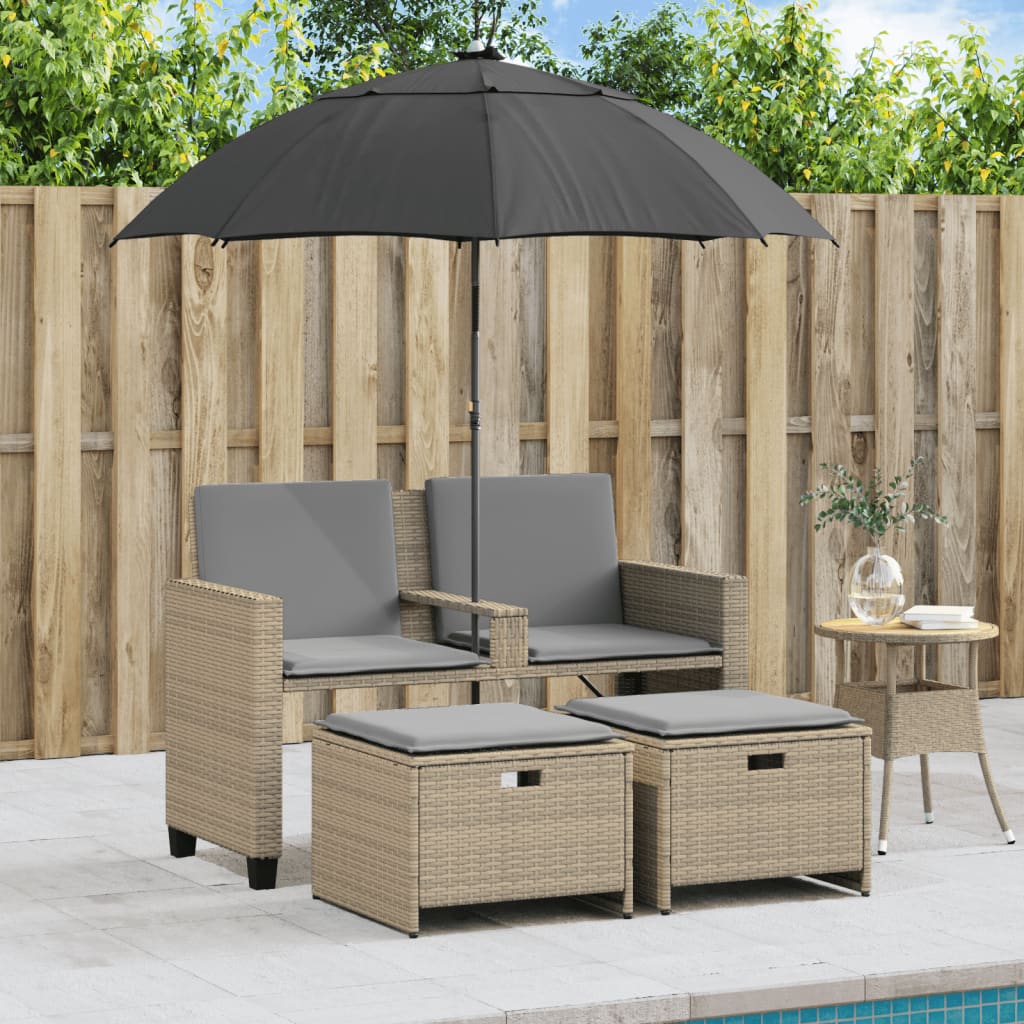 Canapé de jardin 2 places parasol et tabouret poly rotin beige