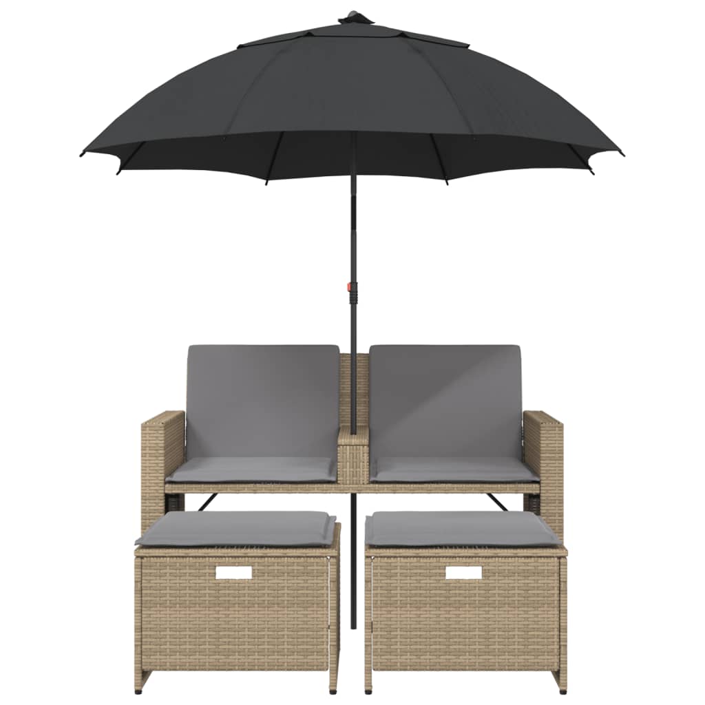 Canapé de jardin 2 places parasol et tabouret poly rotin beige