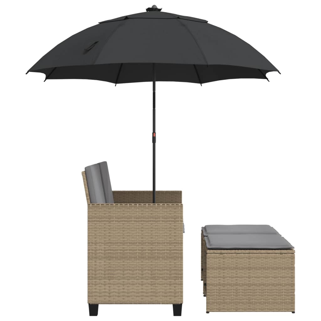 Canapé de jardin 2 places parasol et tabouret poly rotin beige