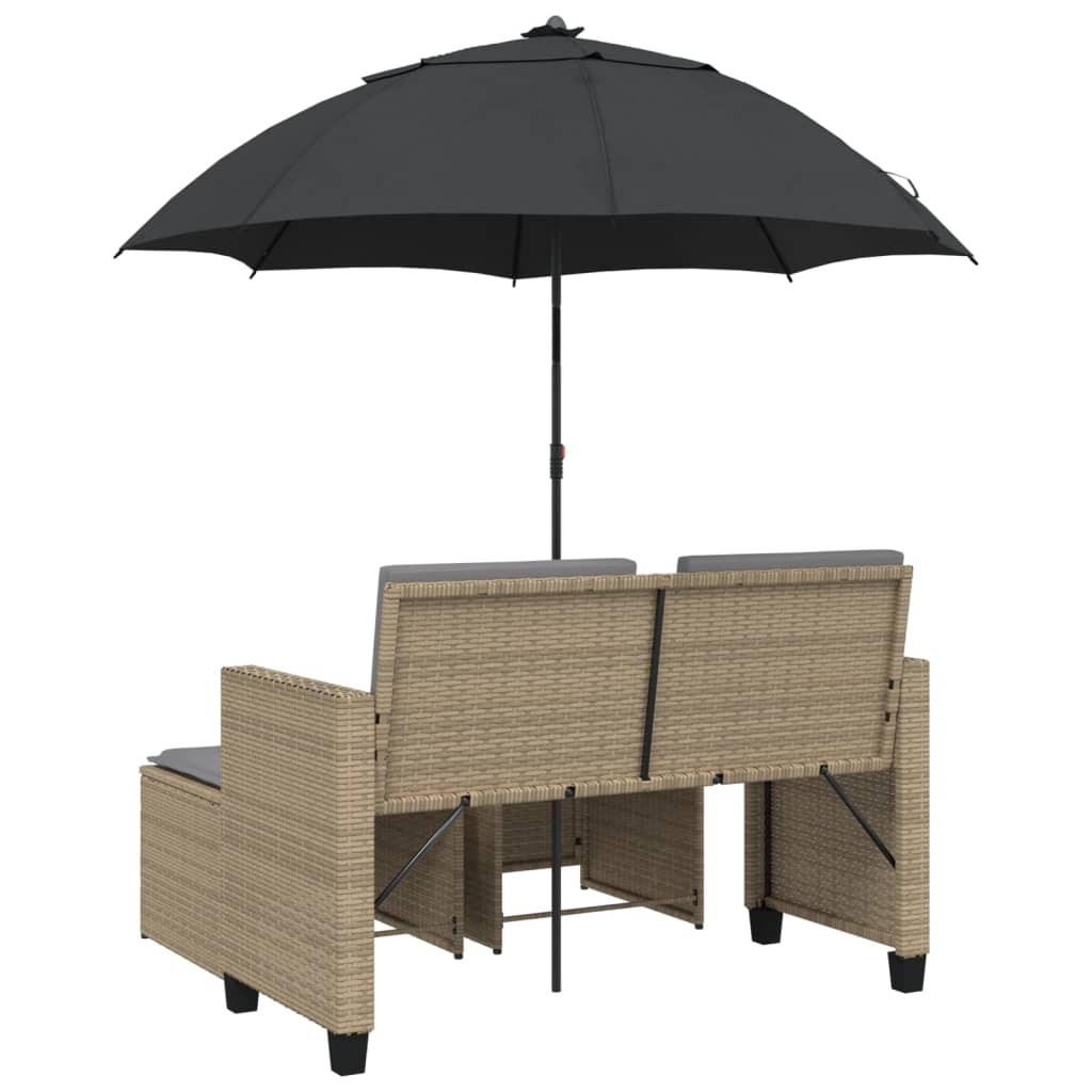 Canapé de jardin 2 places parasol et tabouret poly rotin beige