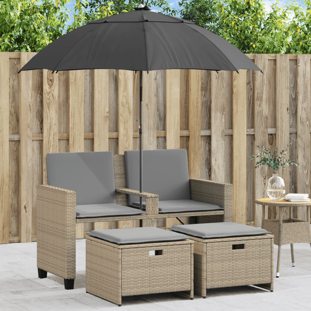 Canapé de jardin 2 places parasol et tabouret poly rotin beige