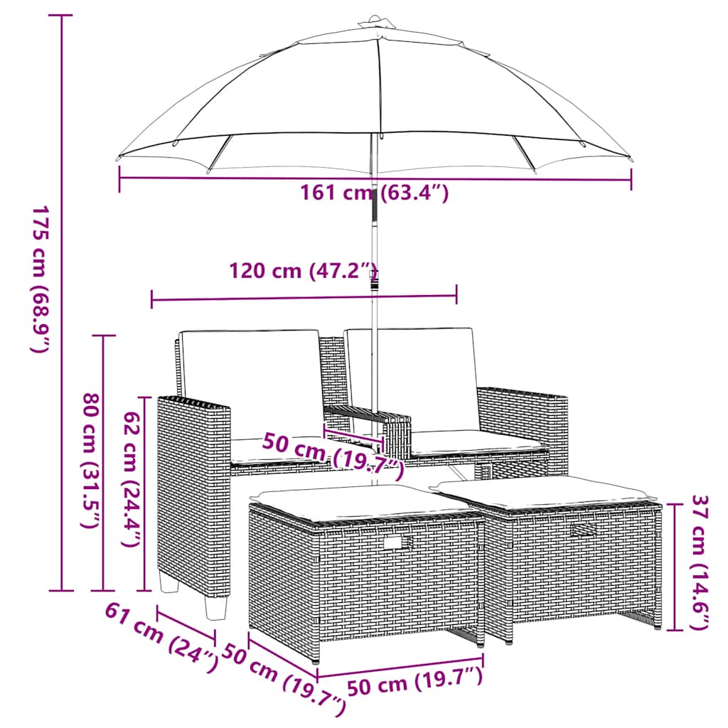 Gartensofa 2-Sitzer Sonnenschirm und Hocker Hellgrau Polyrattan