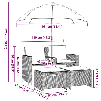 Gartensofa 2-Sitzer Sonnenschirm und Hocker Hellgrau Polyrattan