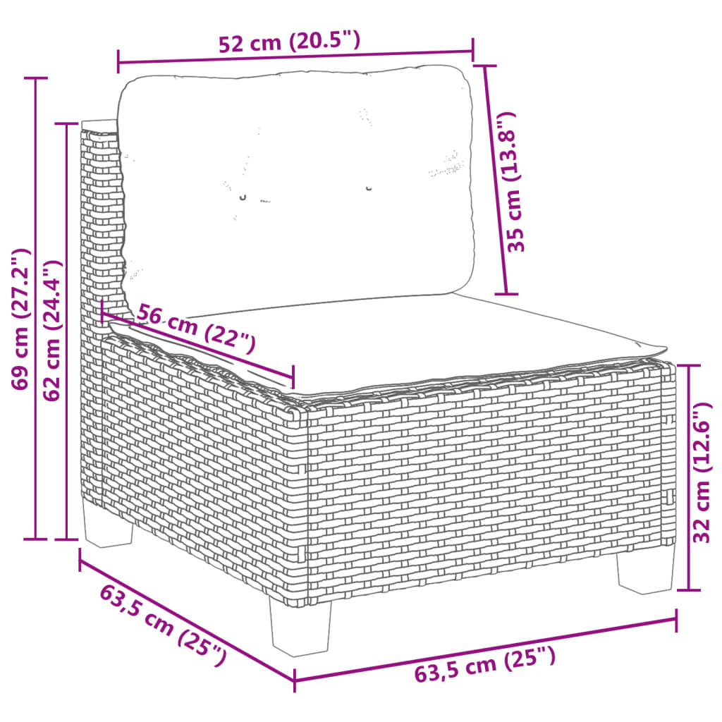 Canapé de jardin sans accoudoirs avec coussins en polyrotin gris