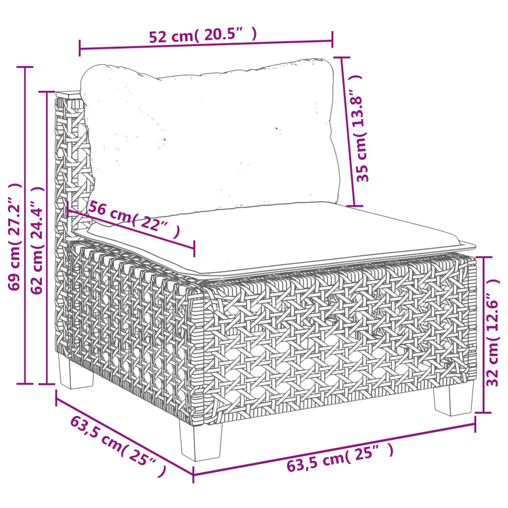 Canapé de jardin sans accoudoirs avec coussins en polyrotin gris