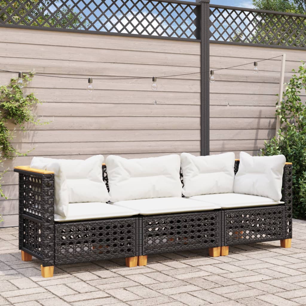 Gartensofa mit Kissen 3-Sitzer Schwarz Poly Rattan